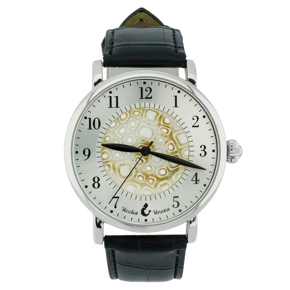 GlassOfVenice Murano Glass Men's Millefiori Watch With Leather Band - White and Black