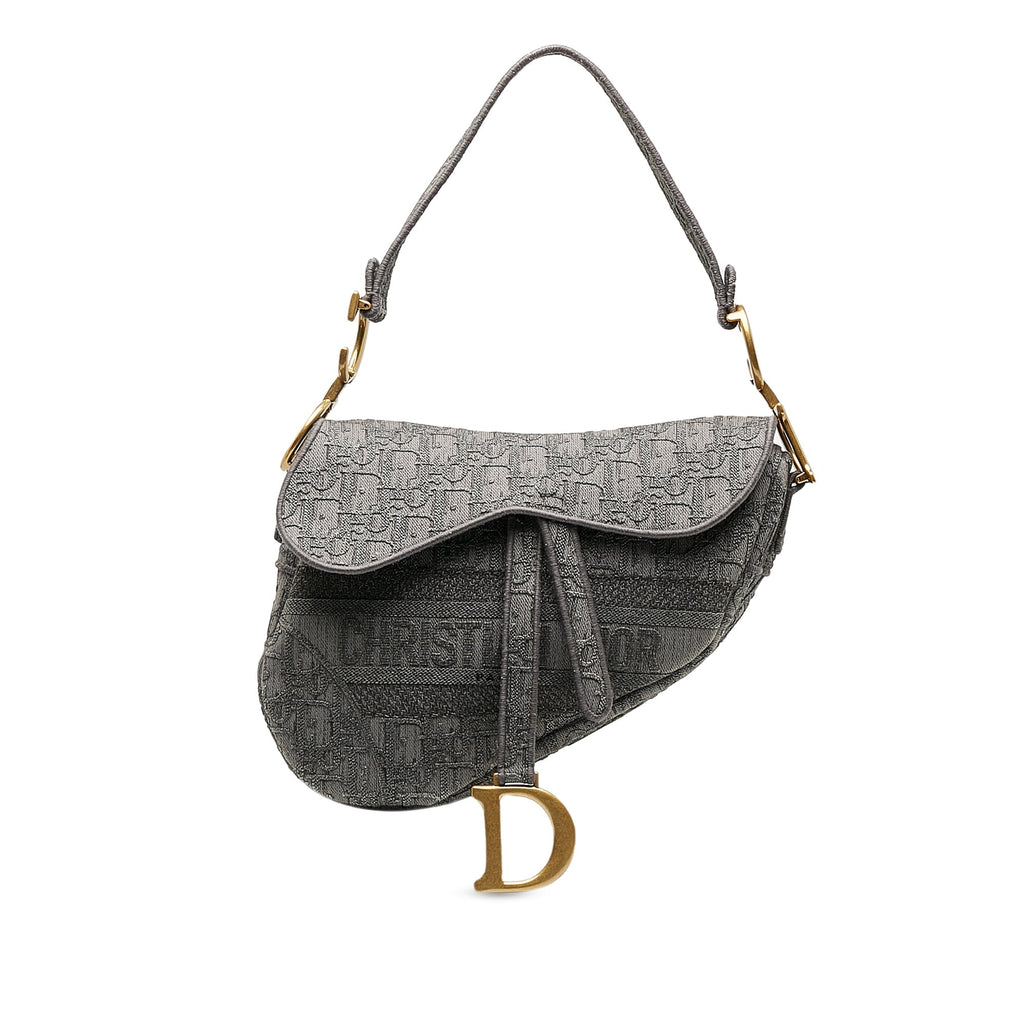 Pre-Owned Authenticated Dior Embroidered Saddle Bag Canvas Fabric Gray Shoulder Bag Unisex (Good)