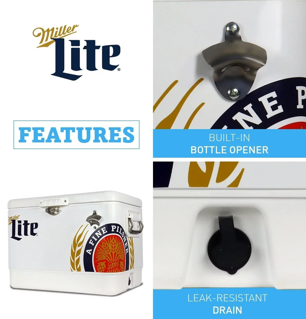Miller Lite Ice Chest Beverage Cooler with Bottle Opener, 51L (54 QT), 85 Can steel-belted Portable Cooler, White and Blue, for Camping, Beach, RV, BBQs, Tailgating, Fishing