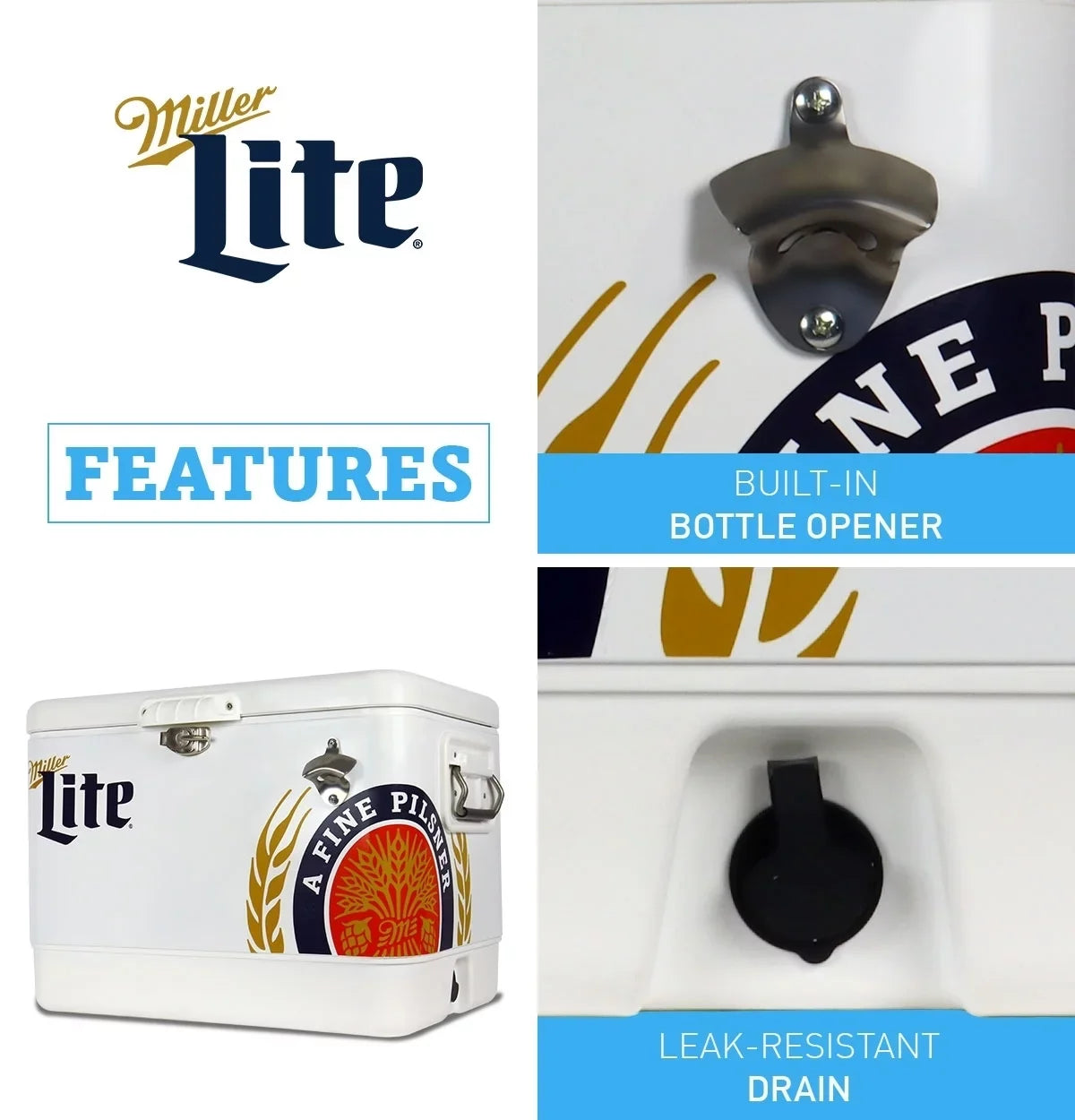 Miller Lite Ice Chest Beverage Cooler with Bottle Opener, 51L (54 QT), 85 Can steel-belted Portable Cooler, White and Blue, for Camping, Beach, RV, BBQs, Tailgating, Fishing
