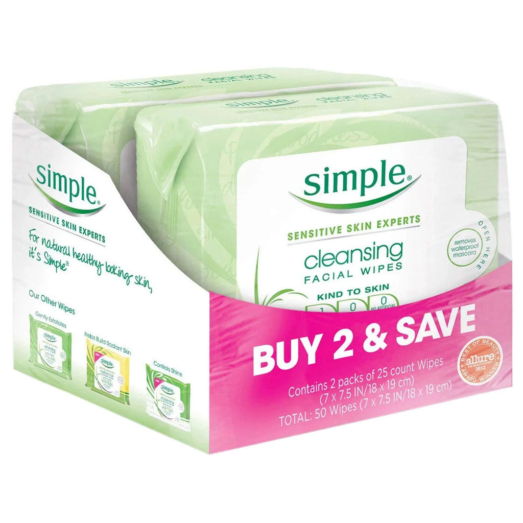 Simple Cleansing Facial Wipes (Boxed 6 Packs X 25 Wipes) Total 150 Wipes