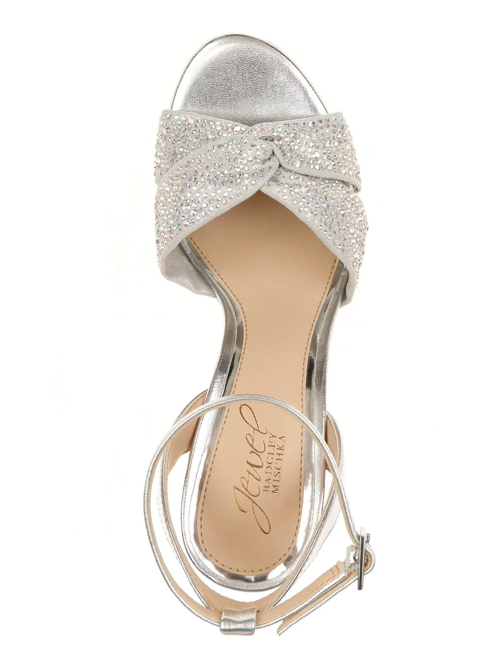 JEWEL BADGLEY MISCHKA Womens Silver Padded Metallic Rhinestone Twisted Strap Adjustable Strap Ankle Strap Nicoline Round Toe Block Heel Buckle Dress Heeled Sandal 7.5 M