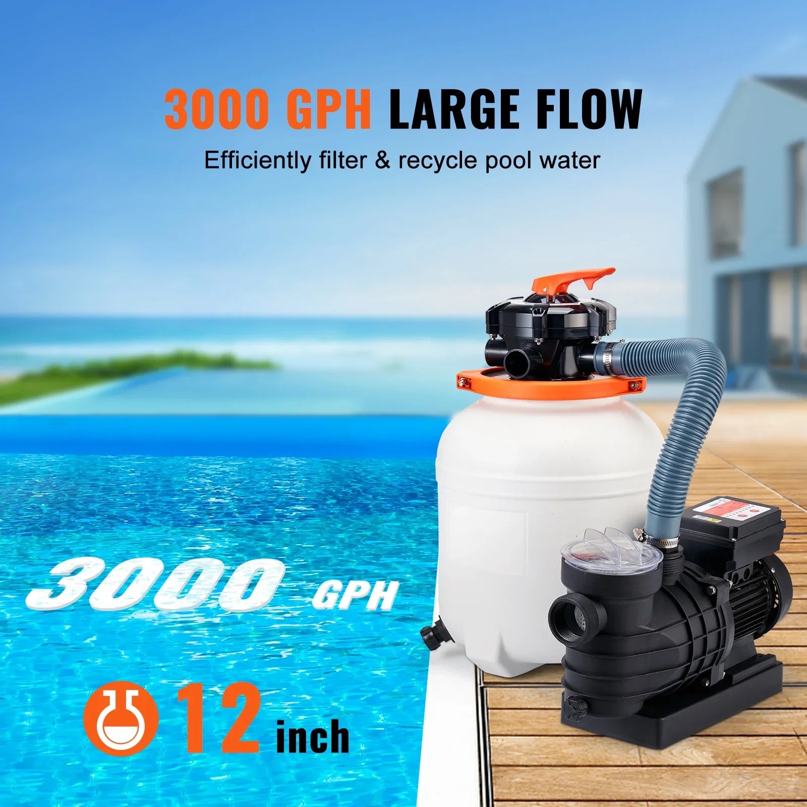 SKYSHALO 12" 6-Way Valve Sand Filter Above Ground with 1/2HP Swimming Pool Pump 3000GPH Flow