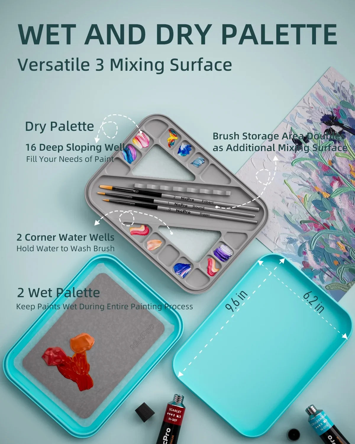Nicpro Stay Wet Paint Palette for Acrylic Miniature Painting Kit, Paint Tray Palettes with 100Pcs Pallet Paper, 4Pcs Sponge, Brush Holder Paint Mixing Storage