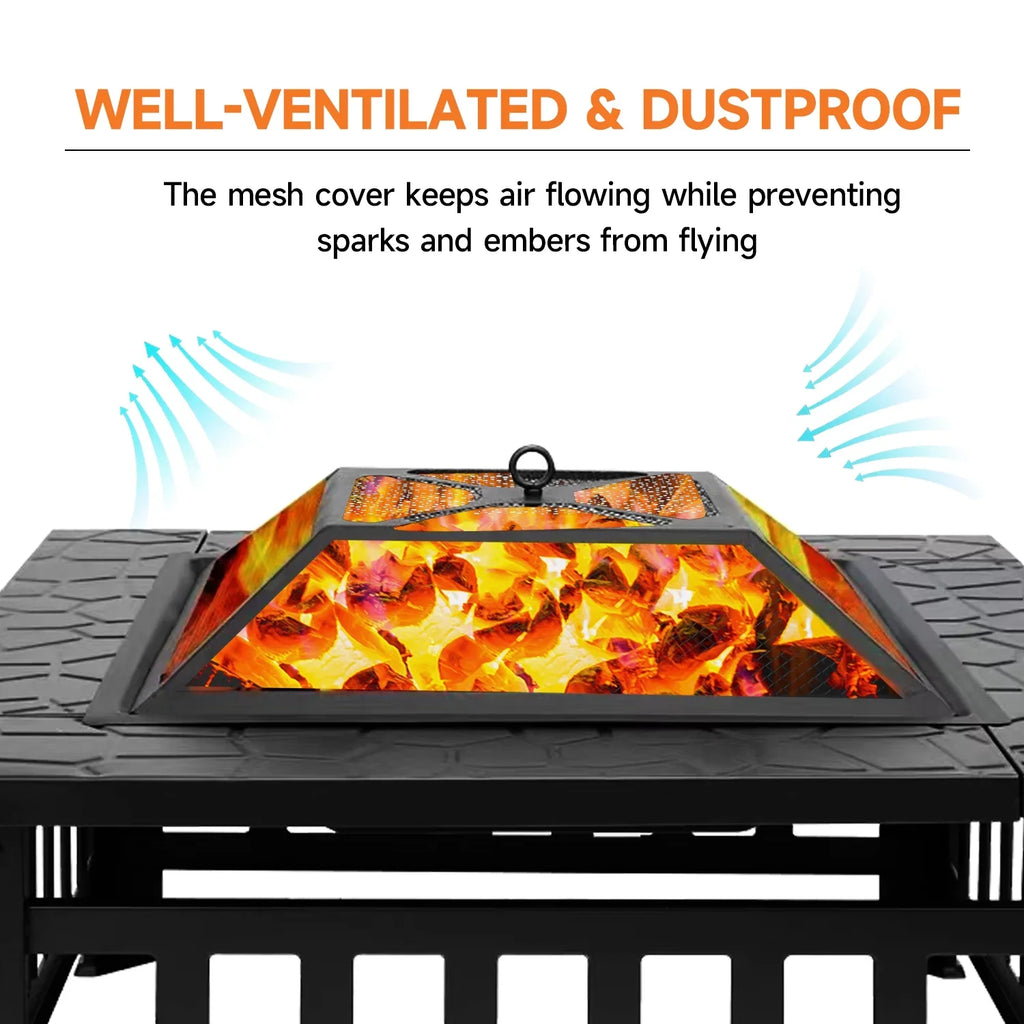 GSE Games & Sports Expert 32" Heavy Duty Square Patio Wood Fire Pit Table with Spark Screen Cover, Log Grate, Waterproof Cover and Fire Poker for Outdoor Backyard, Garden, Bonfire