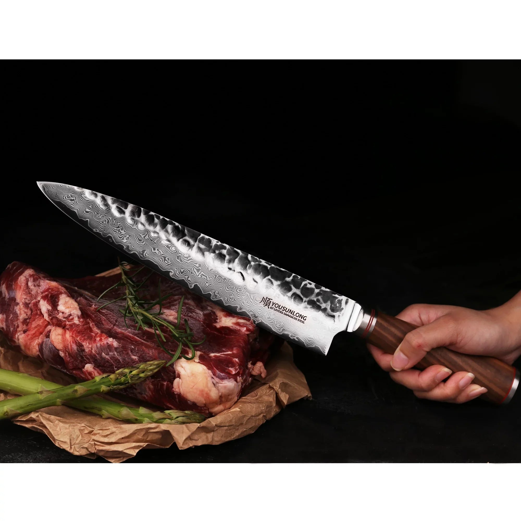 YOUSUNLONG Chef Knife 12 inch - Pro Gyuto Japanese Hammered Damascus Steel Natural Walnut Wooden Handle with Leather Sheath