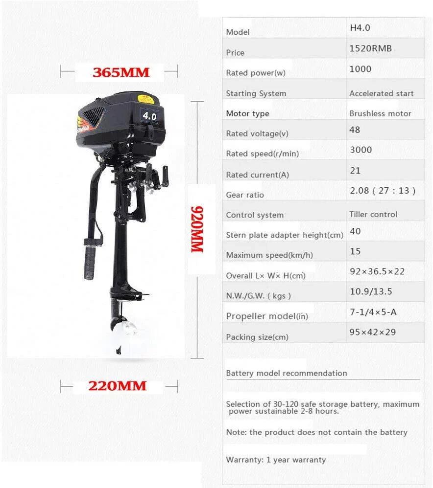 Miumaeov 4HP 1000W Electric Outboard Motor, Boat Engine Heavy Duty Outboard Trolling Motor Propeller Electric Start Marine Trolley Driver Brushless Motor Propeller