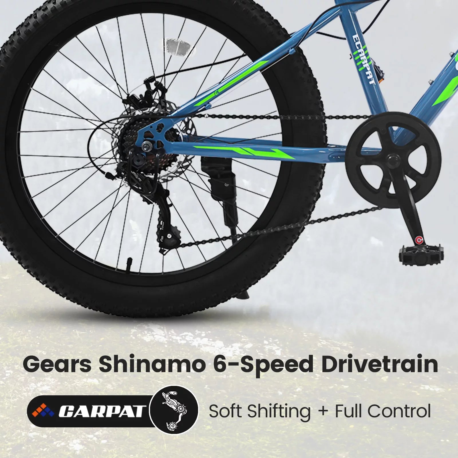 24 Inch Fat Tire Bicycle, 7 Speed Mountain Bike, Dual Disc Brake, Front Suspension, Mountain Trail Bike, Adjustable Seat, Blue