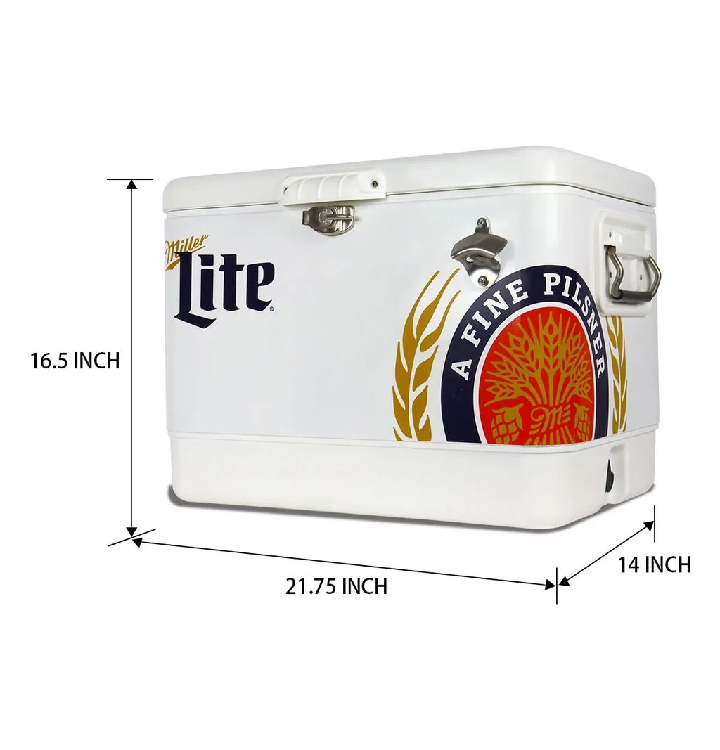 Miller Lite Ice Chest Beverage Cooler with Bottle Opener, 51L (54 QT), 85 Can steel-belted Portable Cooler, White and Blue, for Camping, Beach, RV, BBQs, Tailgating, Fishing