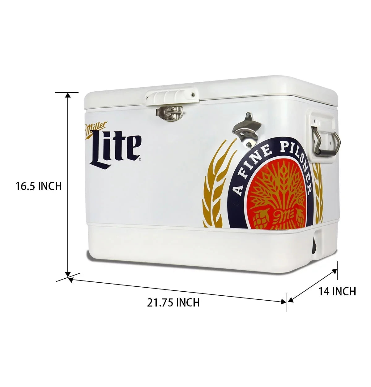 Miller Lite Ice Chest Beverage Cooler with Bottle Opener, 51L (54 QT), 85 Can steel-belted Portable Cooler, White and Blue, for Camping, Beach, RV, BBQs, Tailgating, Fishing