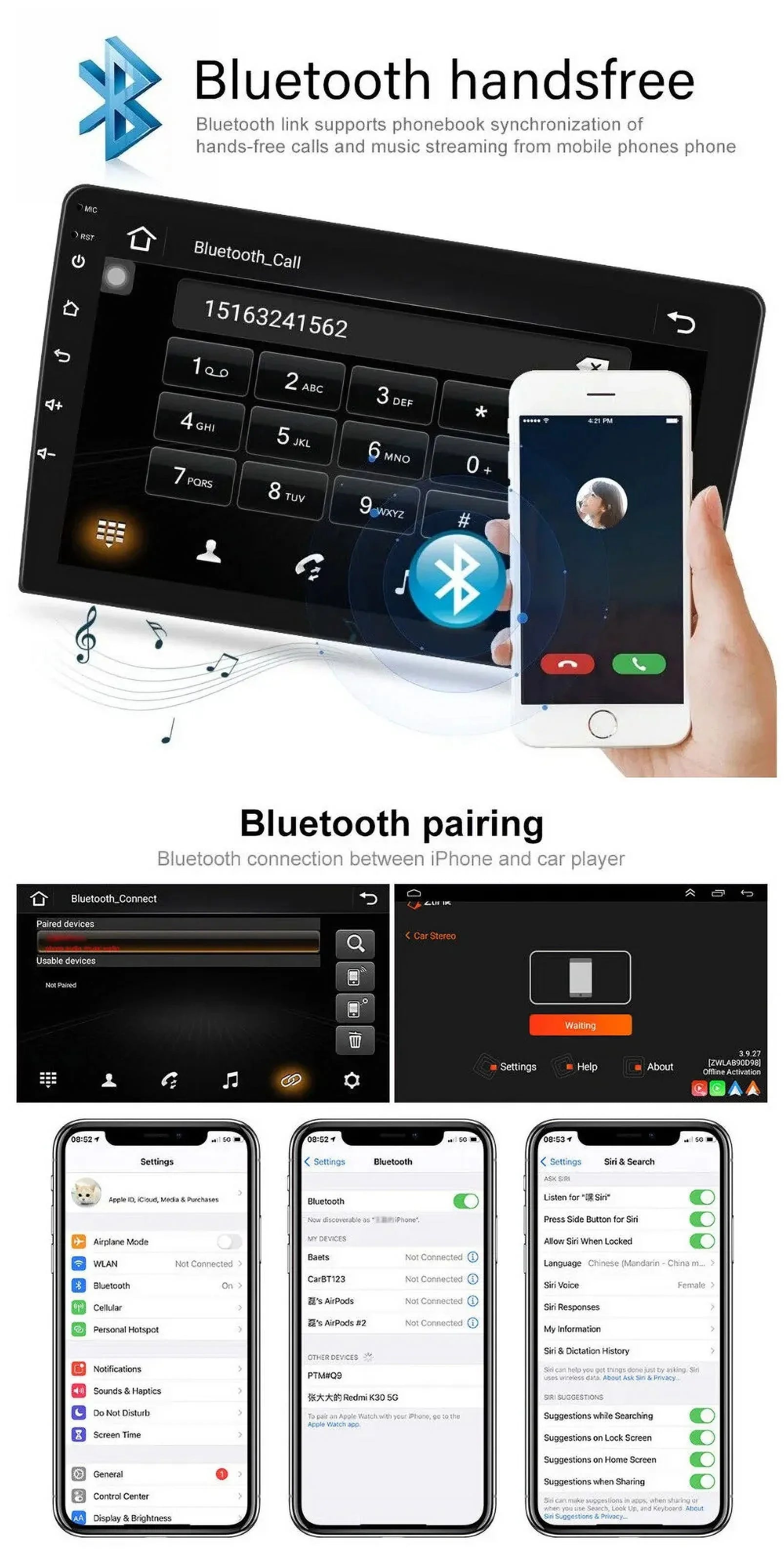 Single 1 DIN Rotatable 10.1'' 1280*720 IPS Android 12 2+32GB Bluetooth Car GPS Navigation WiFi Stereo Radio Apple CarPlay