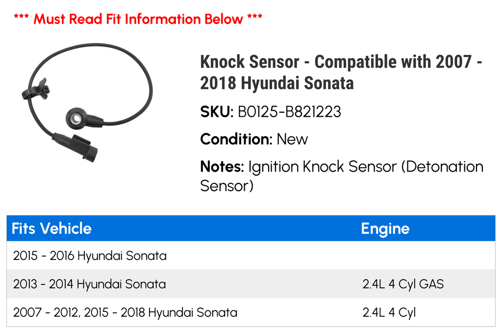 Knock Sensor - Compatible with 2007 - 2018 Hyundai Sonata 2008 2009 2010 2011 2012 2013 2014 2015 2016 2017