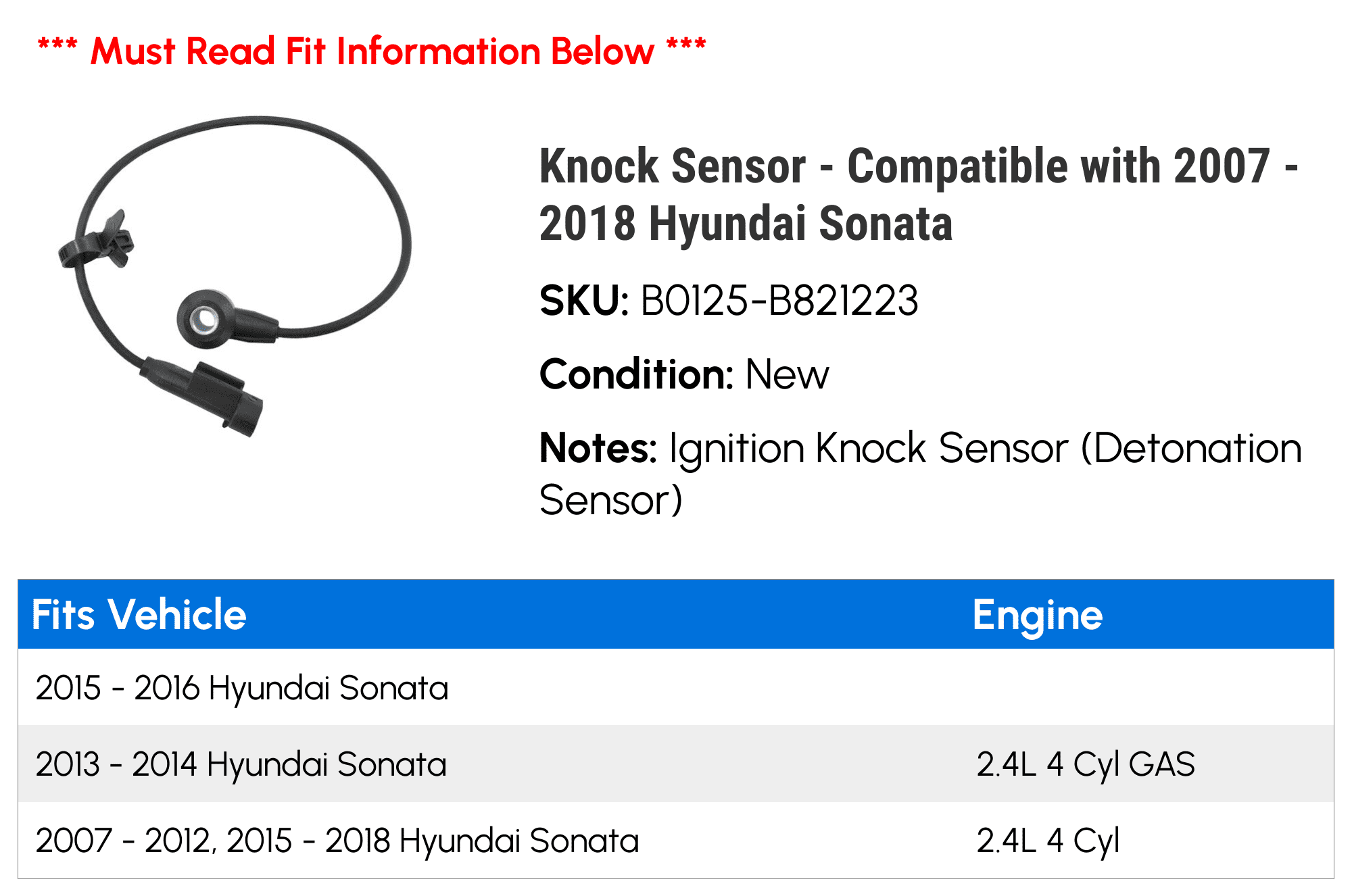 Knock Sensor - Compatible with 2007 - 2018 Hyundai Sonata 2008 2009 2010 2011 2012 2013 2014 2015 2016 2017