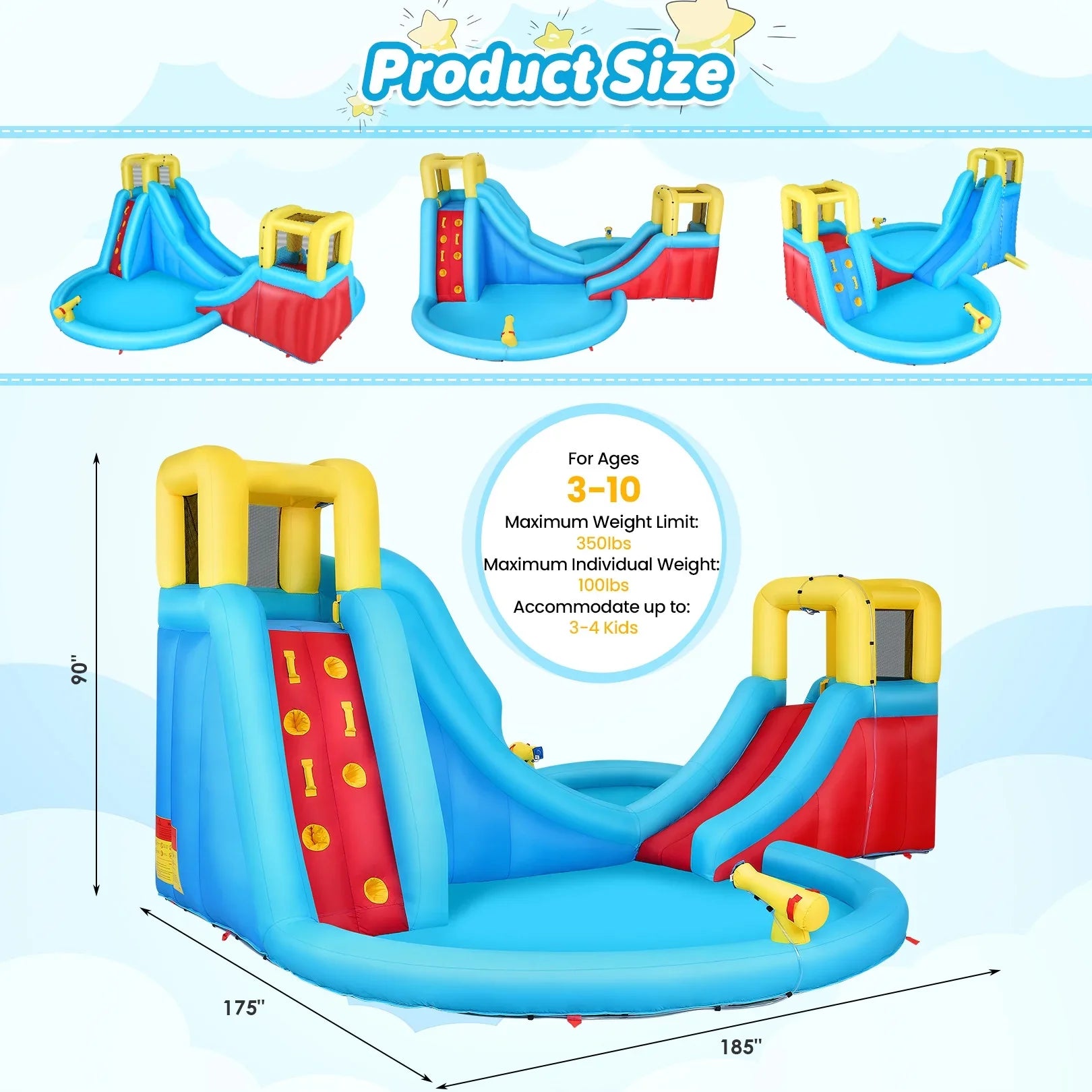 Veeboto Inflatable Water Slide for kids with 520W Blower Bounce House with 2 Water Slides, 2 Splash Pool & 2 Climbing Walls Indoor/Outdoor Playgrounds
