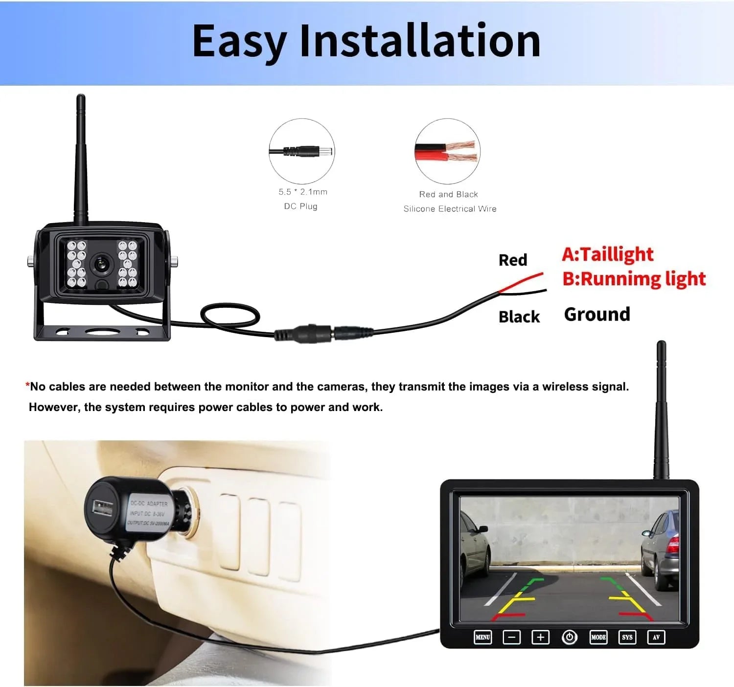 ZEROXCLUB Wireless Digital Backup Camera Monitor System Kit 7'' DVR 1080P HD IP69 Waterproof Rear View Camera for Truck/Semi-Trailer/Box Truck/RV-B4C