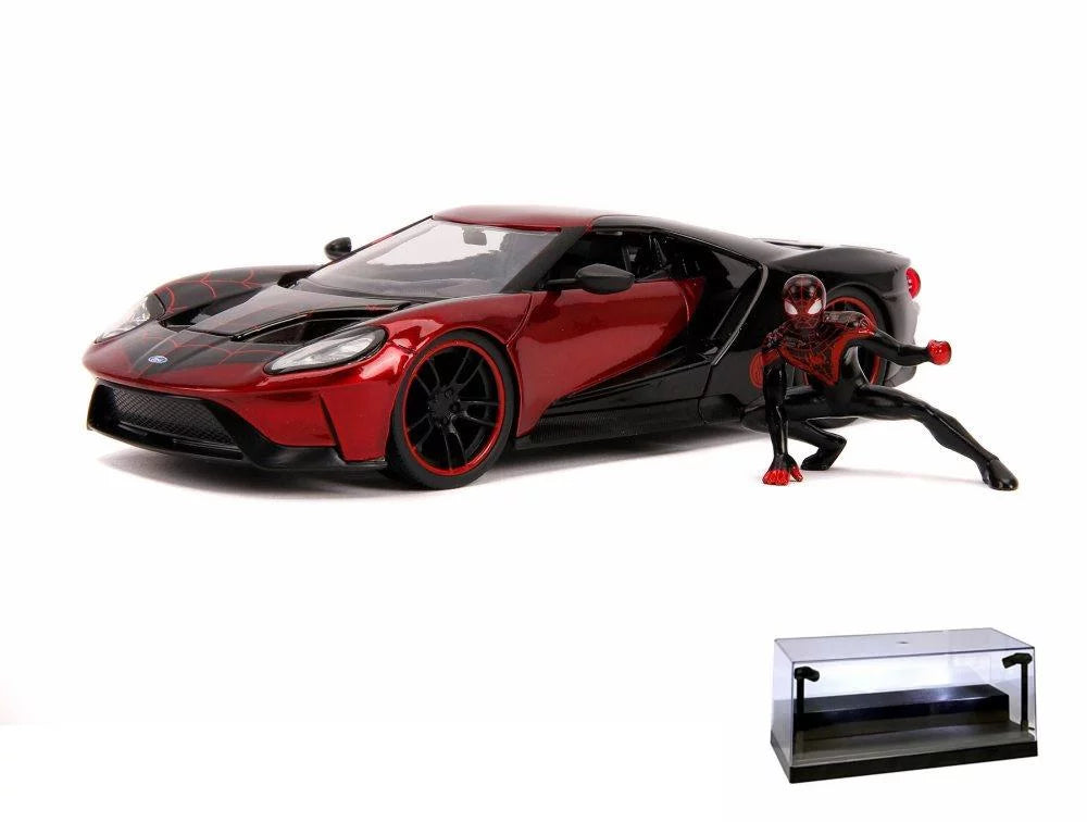 Diecast Car w/Screen Case - 2007 Ford GT with Miles Morales Spider Man Figure, Red and Black - Jada 31190/4 - 1/24 Scale Diecast Model Toy Car
