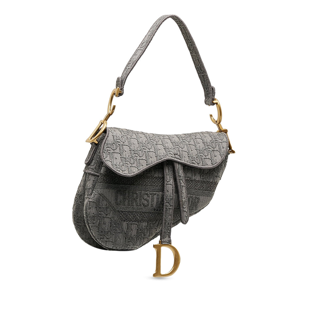 Pre-Owned Authenticated Dior Embroidered Saddle Bag Canvas Fabric Gray Shoulder Bag Unisex (Good)