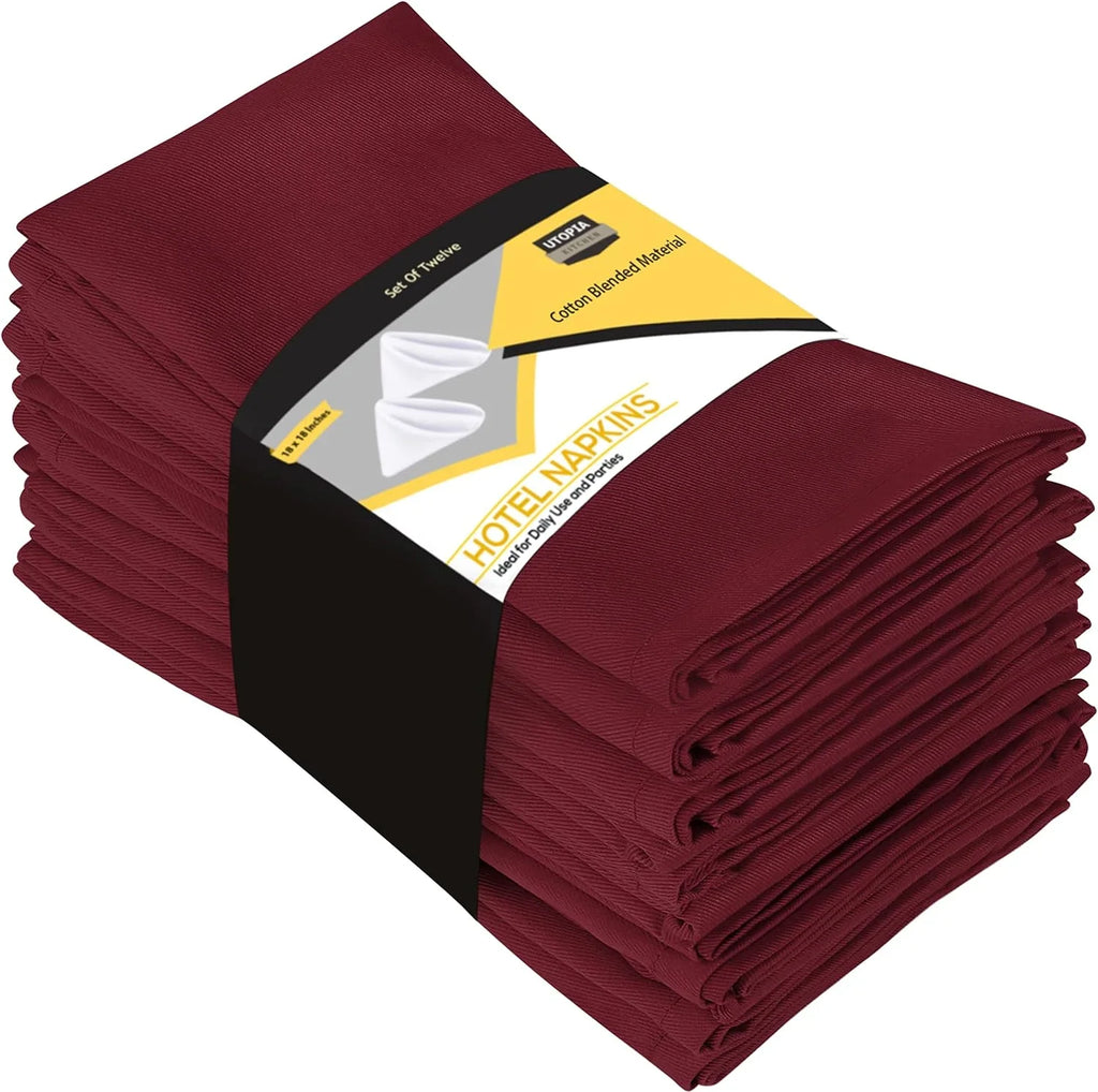 Utopia Kitchen Burgundy Cloth Napkins [12 Pack, 18x18 Inch] Cotton Blend Washable and Reusable Table Dinner Napkins for Hotel, Lunch, Restaurant, Weddings, Event and Parties 18x18 Inch Burgundy