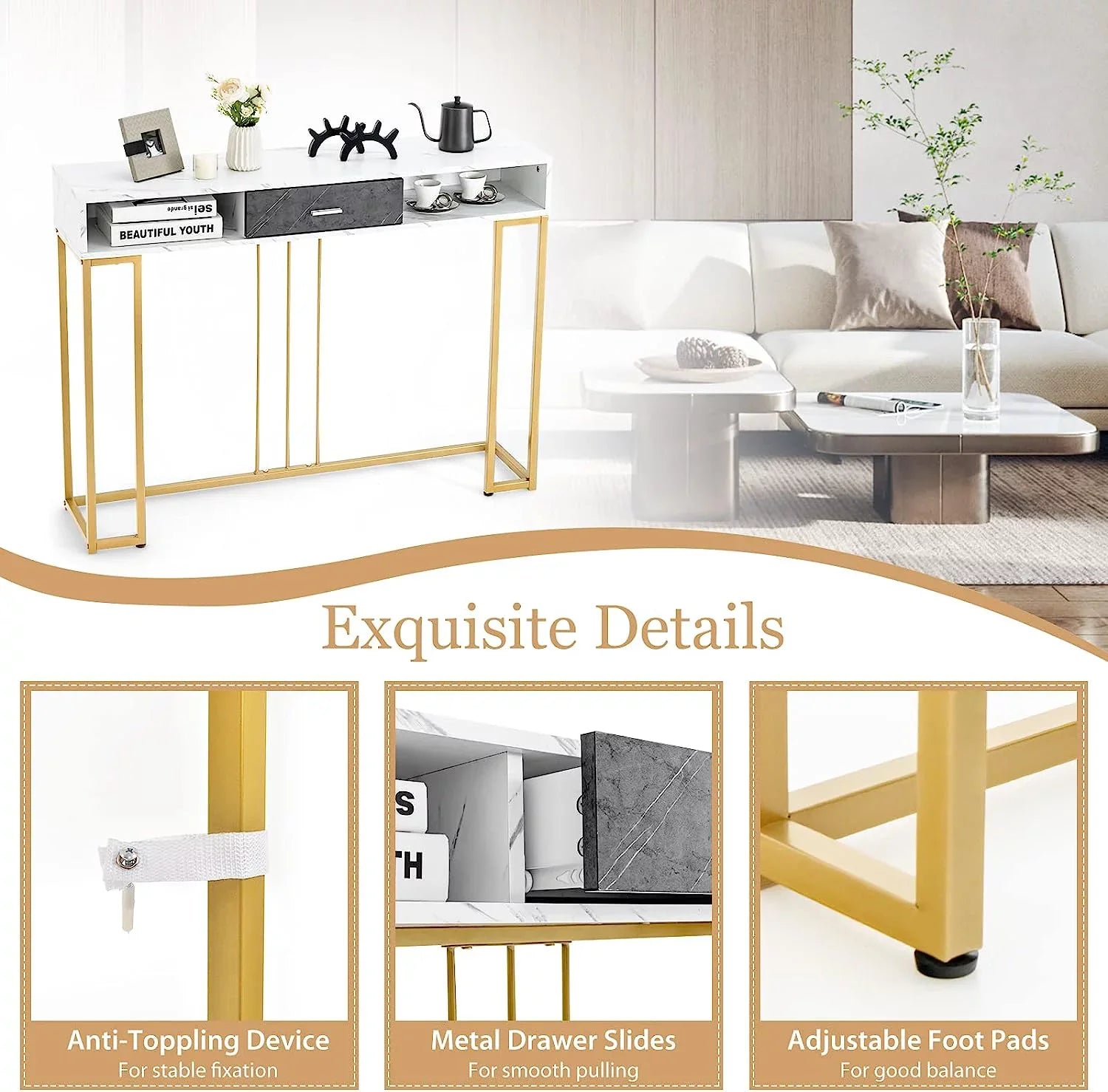 NLTBONNIE Console Table with Drawer - Sofa  with Anti-Toppling Device &amp; Adjustable Foot Pads  Faux Marble Foyer Table for Hallway  Entryway  Living Room  Dining Room &amp; Kitchen Ent