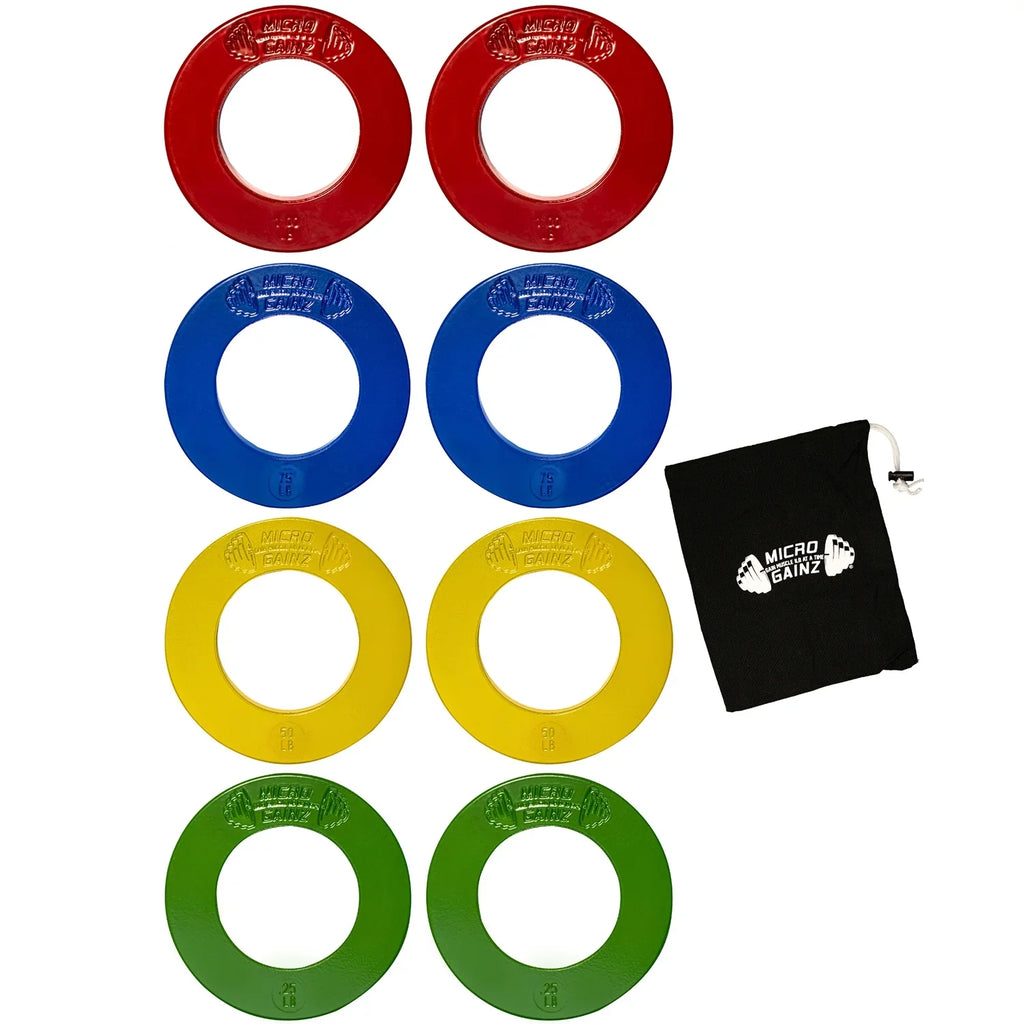 Micro Gainz Multi-Color Calibrated Fractional Weight Plate Set of .25LB-.50LB-.75LB-1LB Plates (8 Plate Set) w/ Bag- For Olympic Barbells, Made in USA