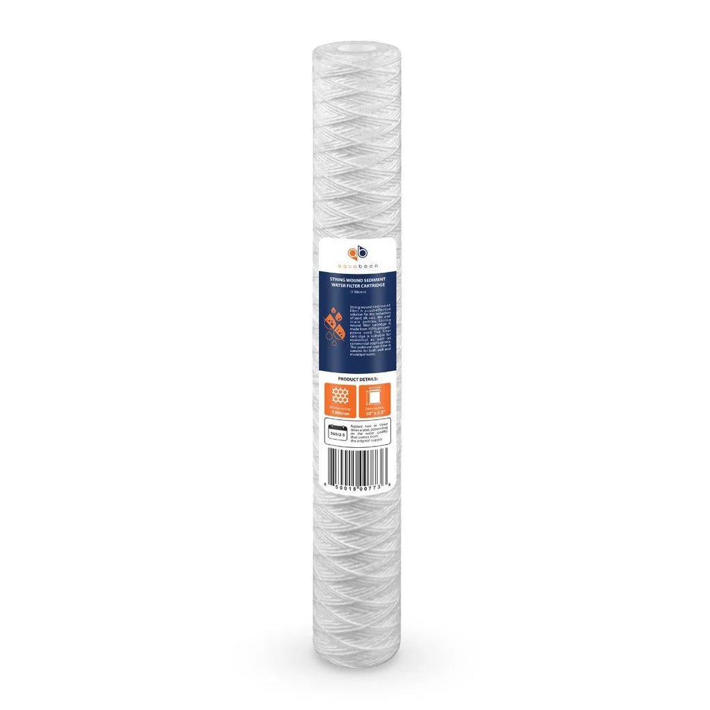 Aquaboon 1 Micron 20" x 2.5" String Wound Sediment Water Filter Cartridge | Universal Replacement for Any 20 inch RO Unit | Compatible with 101-230, PD-5-20, AP110-2C, P5-20, CFS124-C20, 4-Pack