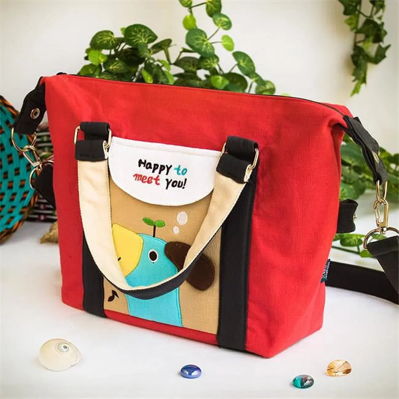 BE-23-RED 9.6 x 9.3 x 4.1 in. Blue Puppy - Red  Embroidered Applique Duffle Tote Bag  Shoulder Bag & Travel Bag