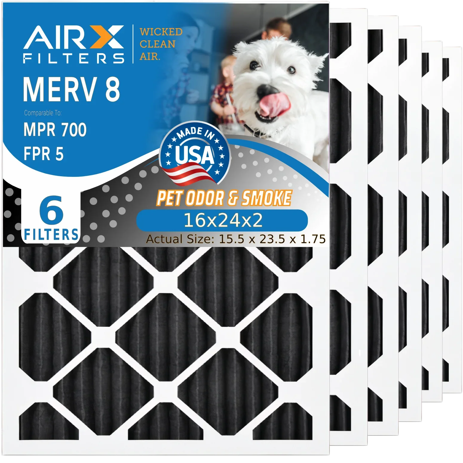 16x24x2 Air Filter Odor Eliminator Carbon Filter MERV 8 Comparable to MPR 700 & FPR 5 AC HVAC Premium USA Made 16x24x2 Furnace Filters by AIRX FILTERS WICKED CLEAN AIR. 6 Pack