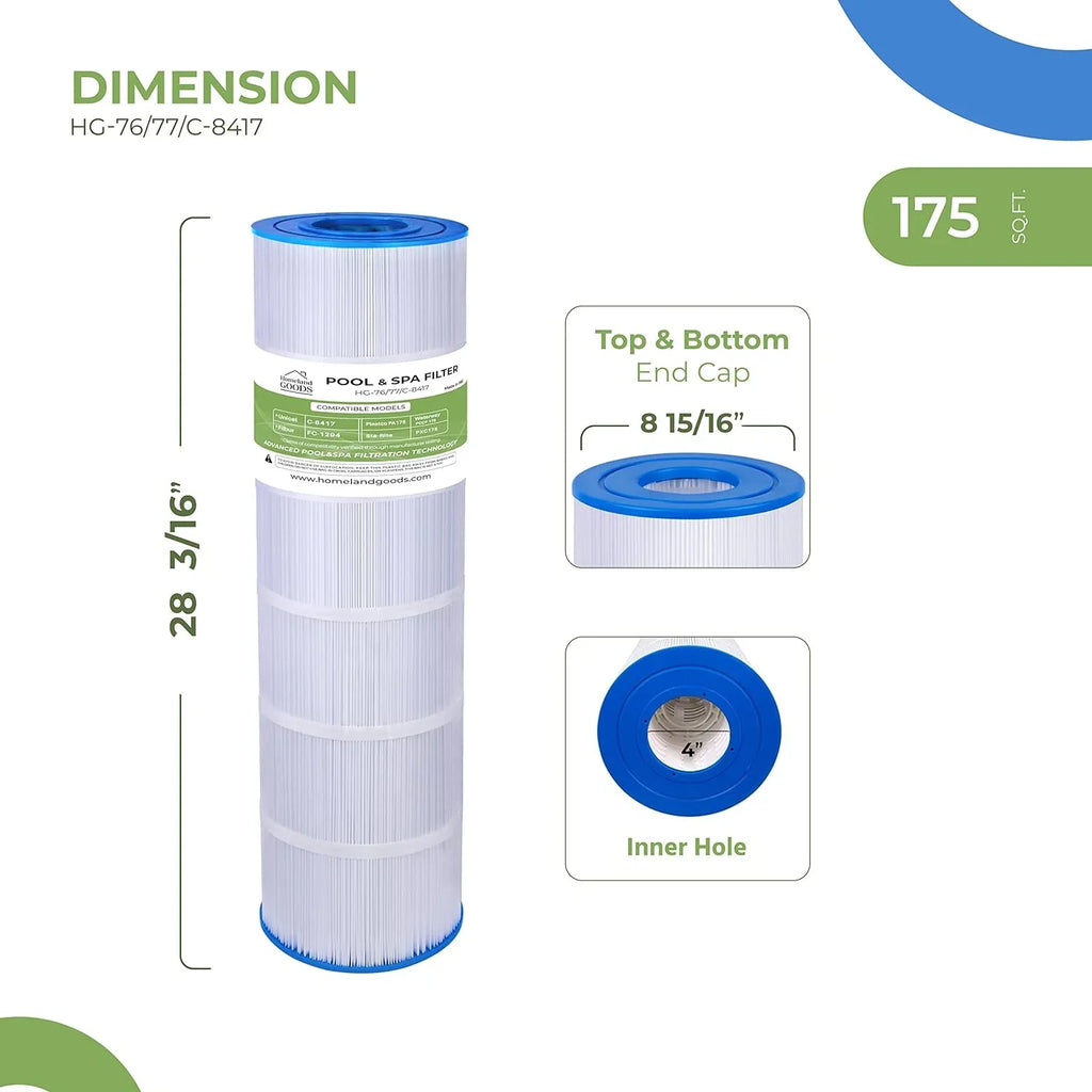 Homeland Goods PLF175A Pool Filter Replaces Hayward C1750, CX1750RE, PA175, Unicel C-8417, Filbur FC-1294, Sta-Rite PXC 175, Waterway PCCF-175, 25230-0175S, 817-0175P, 175 sqft 28 3/16" x 8 15/16" 1PK
