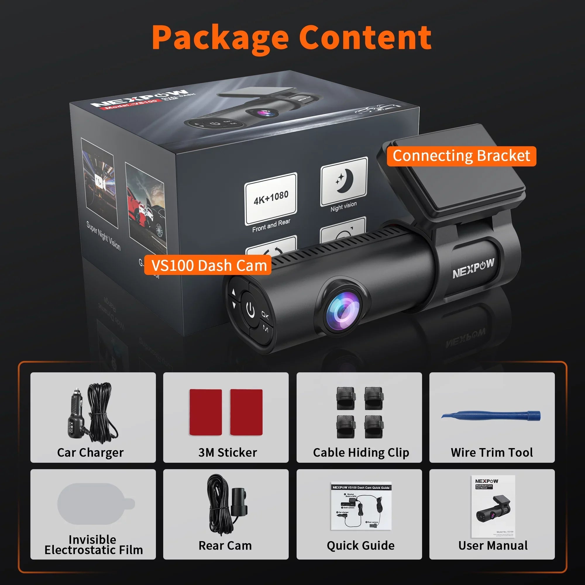 NEXPOW Dash Cam, 4K Dash Cam Front and Rear with Built-in GPS, Car Camera with 1.47" IPS Screen, Night Vision, 170° Wide Angle, Super Capacitor, WDR, 24H Parking Mode, Support 128GB Max