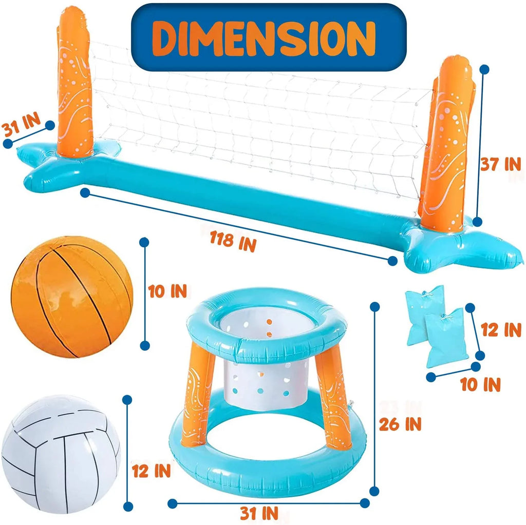 Clover Larger Pool Volleyball Set & Basketball Hoop, Pool Volleyball Net for Inground Balls & Weight Bags, Pool Toys Game for Kids Teens and Adults | Light Blue