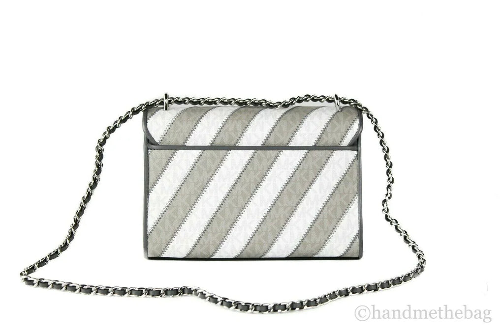 Michael Kors Rose Pearl Grey Striped Signature PVC Medium Flap Shoulder Handbag