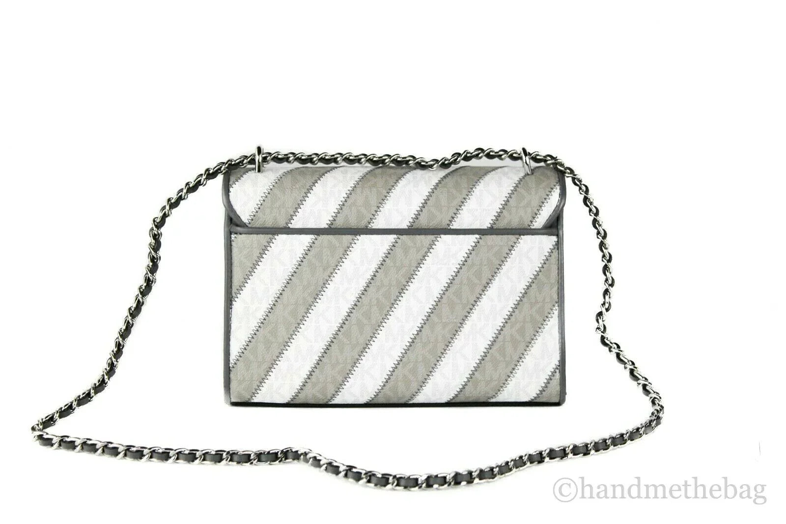 Michael Kors Rose Pearl Grey Striped Signature PVC Medium Flap Shoulder Handbag