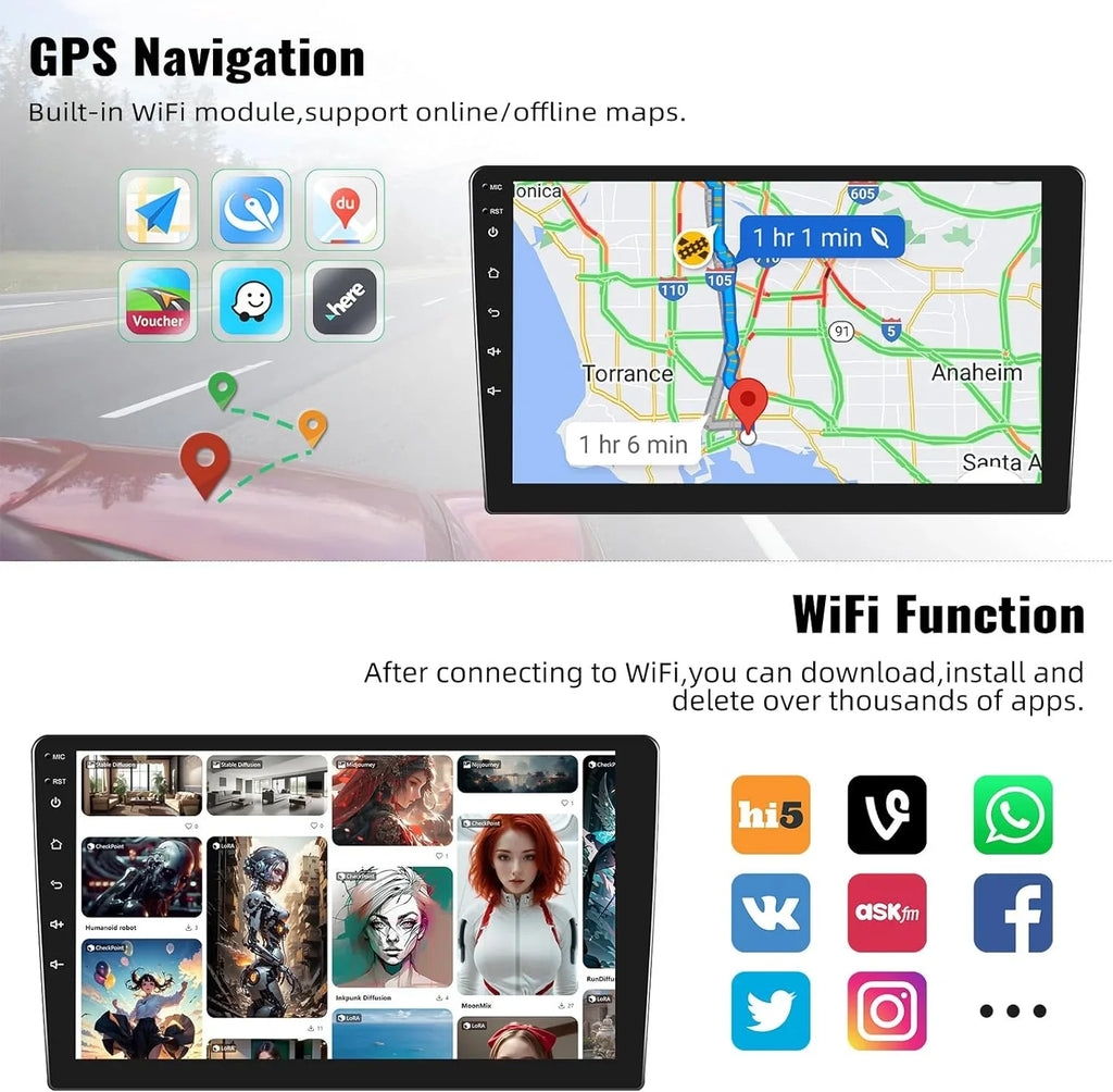1+32G Car Stereo Android 13 Carplay,10.1 inch HD 1080P Touchscreen FM Receiver Radio Player with Bluetooth Support Change Theme GPS Navigation WiFi USB Mirror Link with Backup Camera