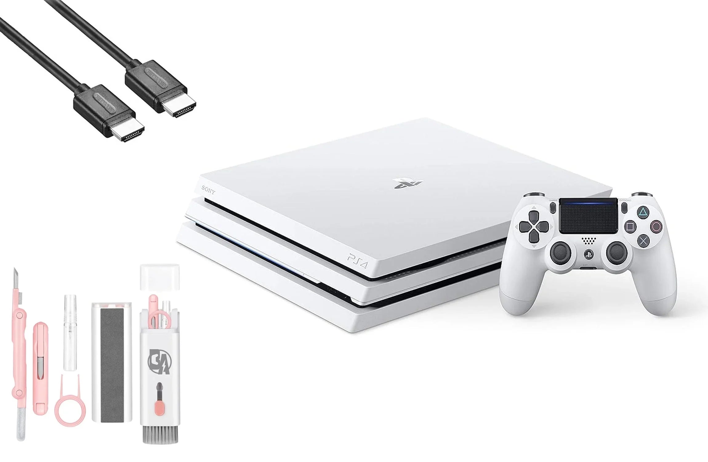 Sony PlayStation 4 Pro 1TB Gaming Console Glacier White HDMI Cable With BOLT AXTION Cleaning Kit Bundle Like New