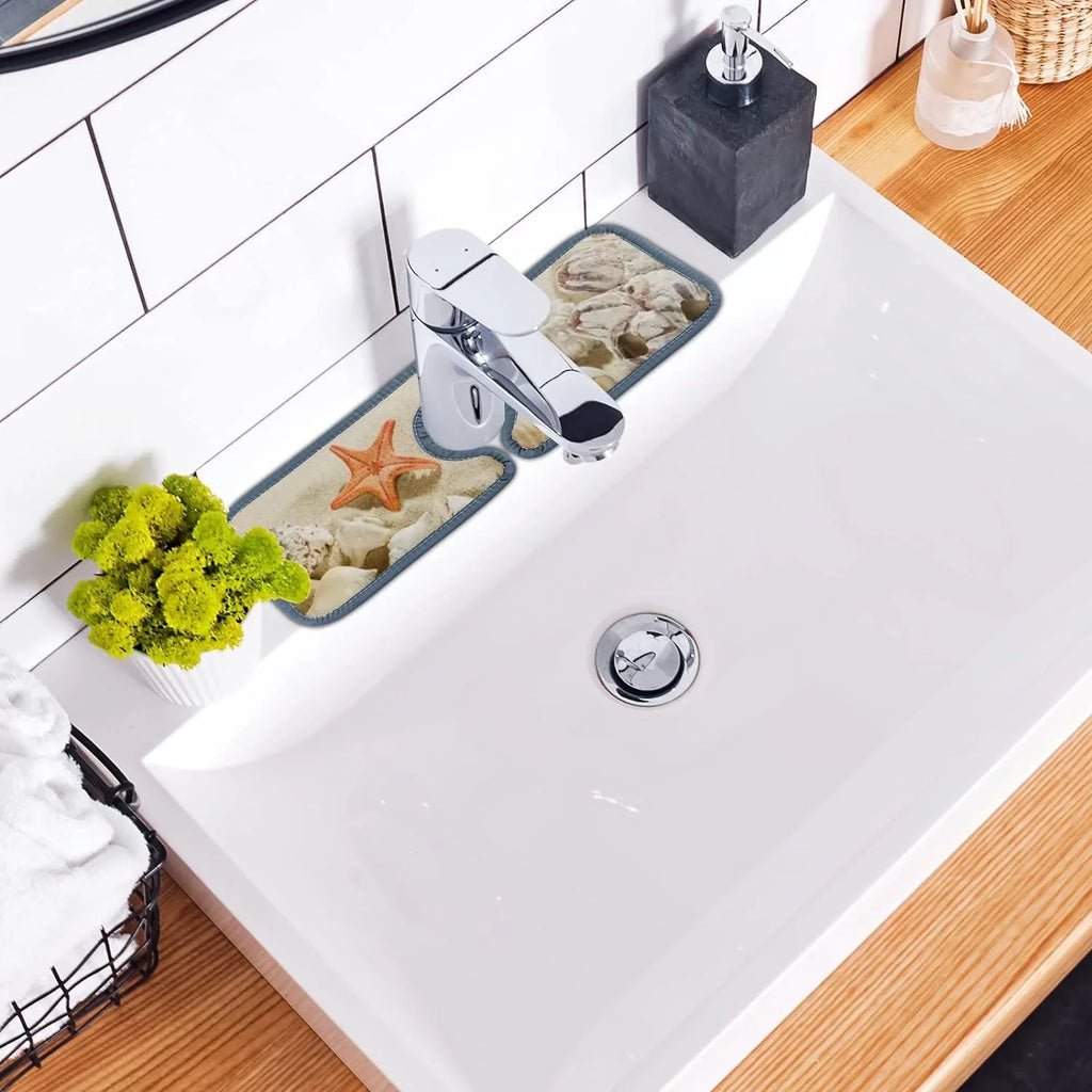 Bestwell 3PCS Faucet Absorbent Mat, Sea Beach Starfishes Summer Washable Sink Splash Guard Drip Catcher, Kitchen Bath Countertop Sinkmat Microfiber Drying Mats