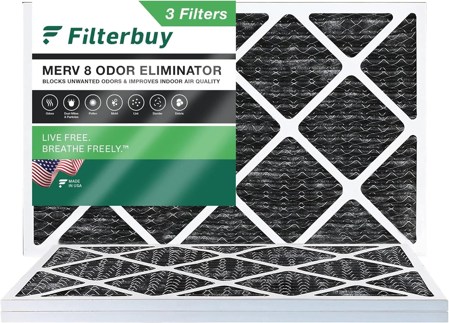 Filterbuy 12x25x1 MERV 8 Odor Eliminator Pleated HVAC AC Furnace Air Filters with Activated Carbon (3-Pack)