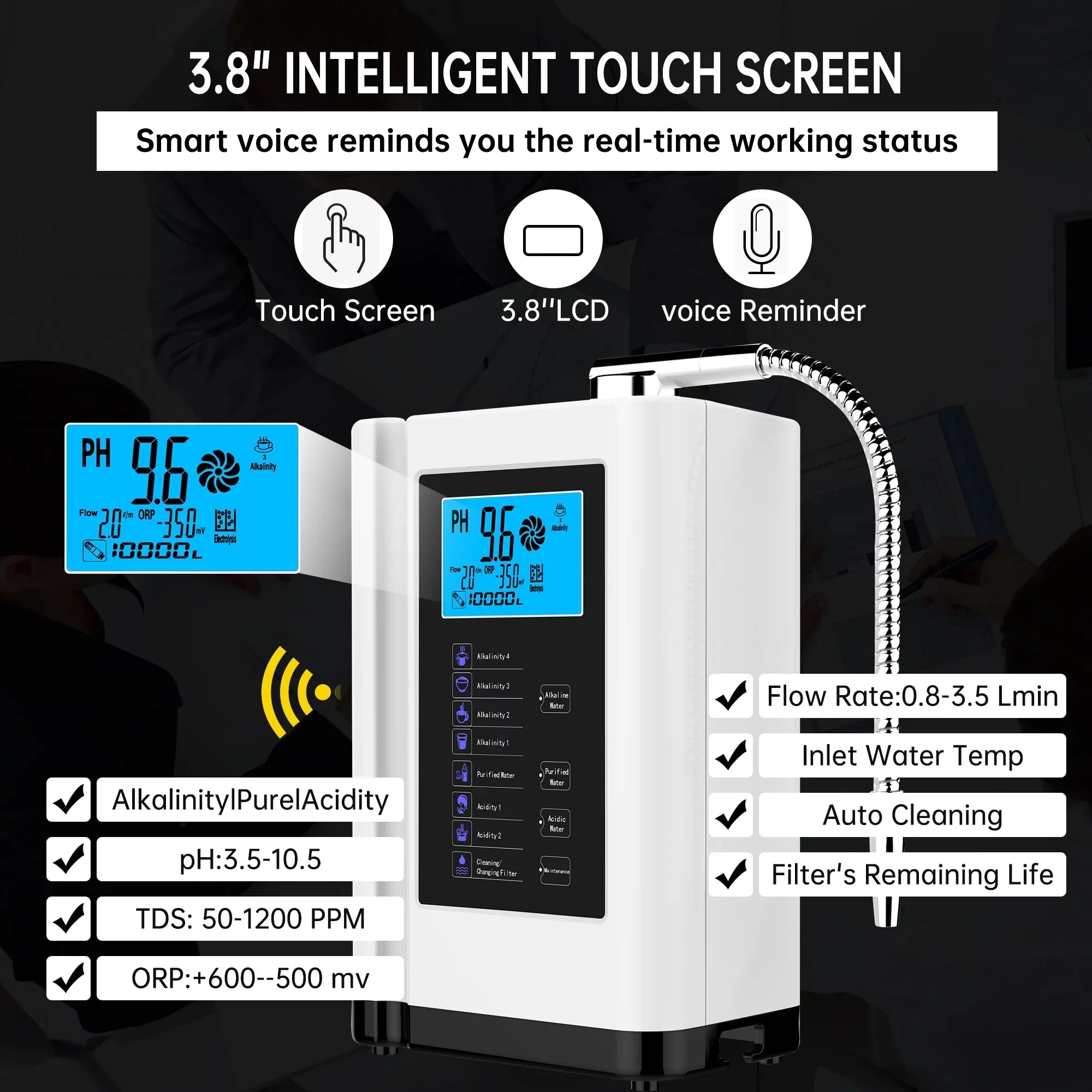 Alka Water Ionizer, Water Purifier Machine PH 3.5-10.5 Alkaline Acid Water Machine, up to -500mV ORP, 8000 Liters per filter,7 Water Settings, Auto-cleaning,Intelligent Voice White)