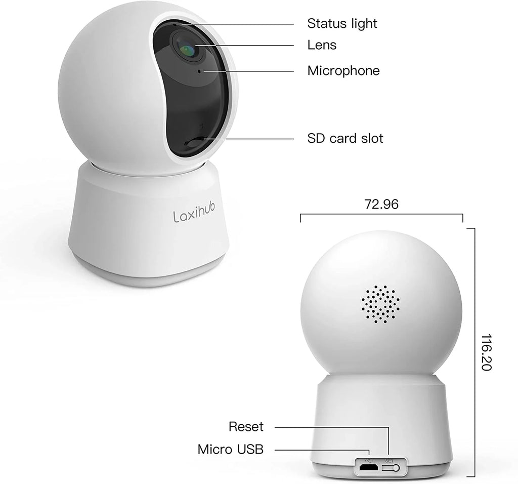 Laxihub 360° Pan/Tilt Security Camera, 1080P 2.4g WiFi Baby Monitor, Motion & Sound Detection, IR Night Vision, Two-Way Audio, Works with Alexa