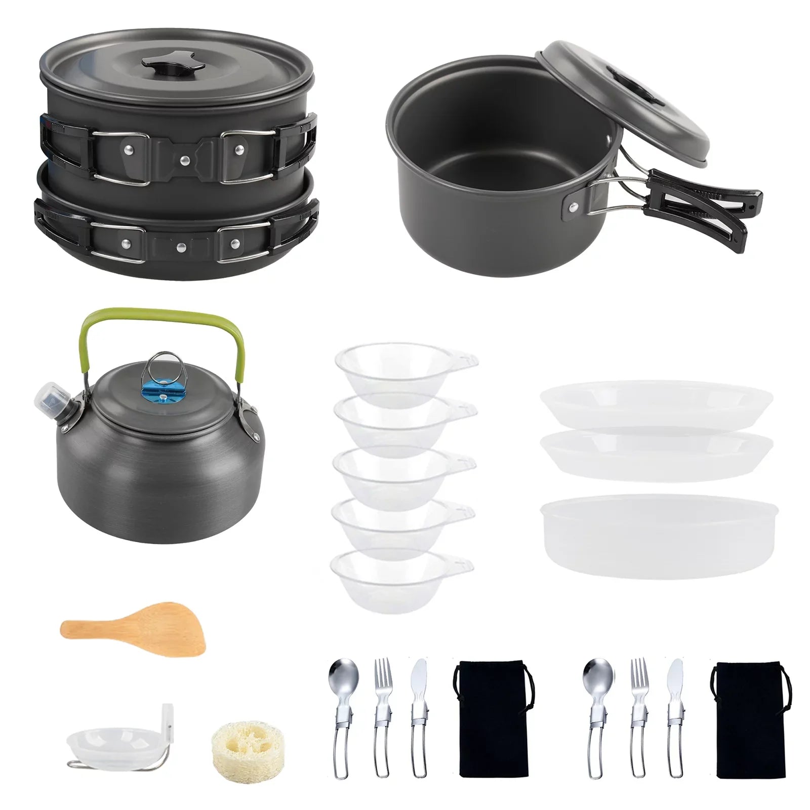 6588 Camping Cookware Mess Kit, Non-Stick Pot and Pan Set with Kettle for Cooking, Hiking, and Backpacking