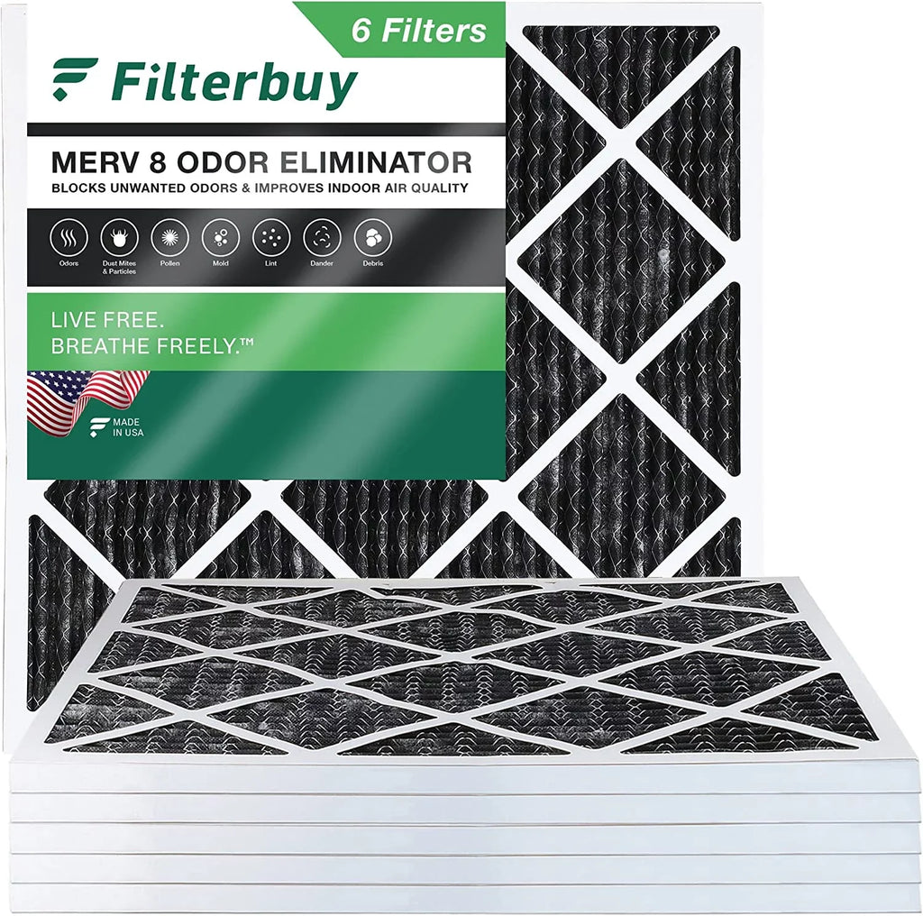 Filterbuy 25x25x1 MERV 8 Odor Eliminator Pleated HVAC AC Furnace Air Filters with Activated Carbon (6-Pack)