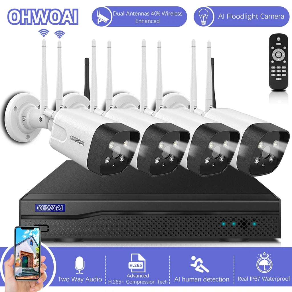 {4pcs 3.0MP Dual Antennas Floodlight}, Two-way audio Home Surveillance Wireless Security Camera System,  8CH NVR No HDD, IP66 waterproof, AI Human Detection
