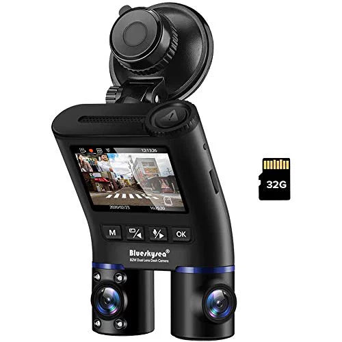 Blueskysea B2W 1080P Dual Dash Cam Front and Inside Dashcam HD Double Rotatable Lens Driving Recorder Camera with IR Night Vision 2'' Screen 32GB SD Card for Uber Rideshare Lyft Car Driver