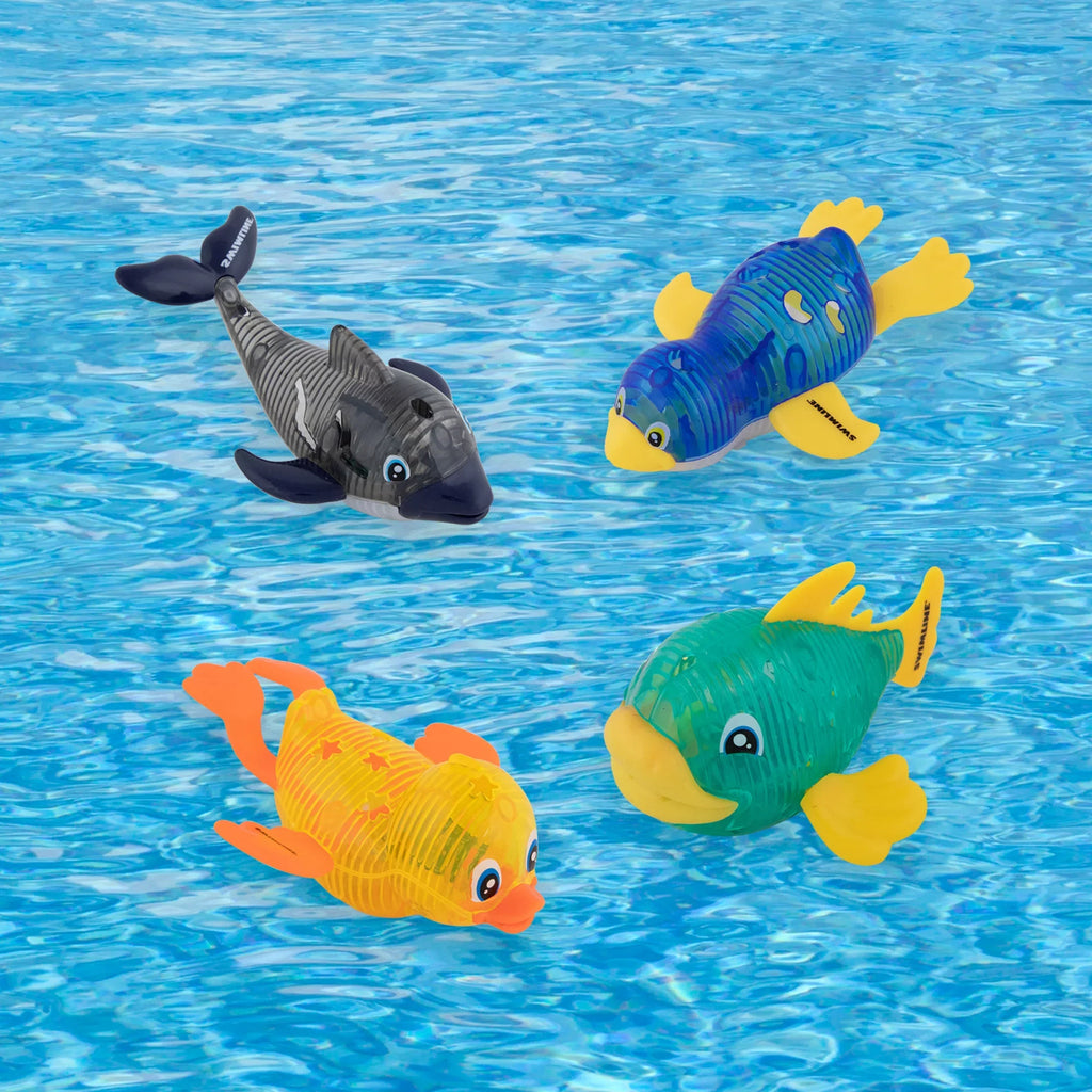 SWIMLINE ORIGINAL 4-Pack Diving Toys LED Light-Up Glowing Sea Animal Fun Pals Catch The Fish Retrieval Game For Swimming Pool & Bath Tub For Kids Multi Color Flashing Underwater Dive Practice Learn
