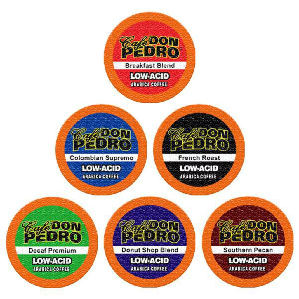 Cafe Don Pedro Assortment Pack Arabica Low-Acid Coffee Pods 72 Ct. - Compatible With Keurig K-cup Coffee Maker - Try 6 Different Coffees 12 Cups of Each - 100% Arabica