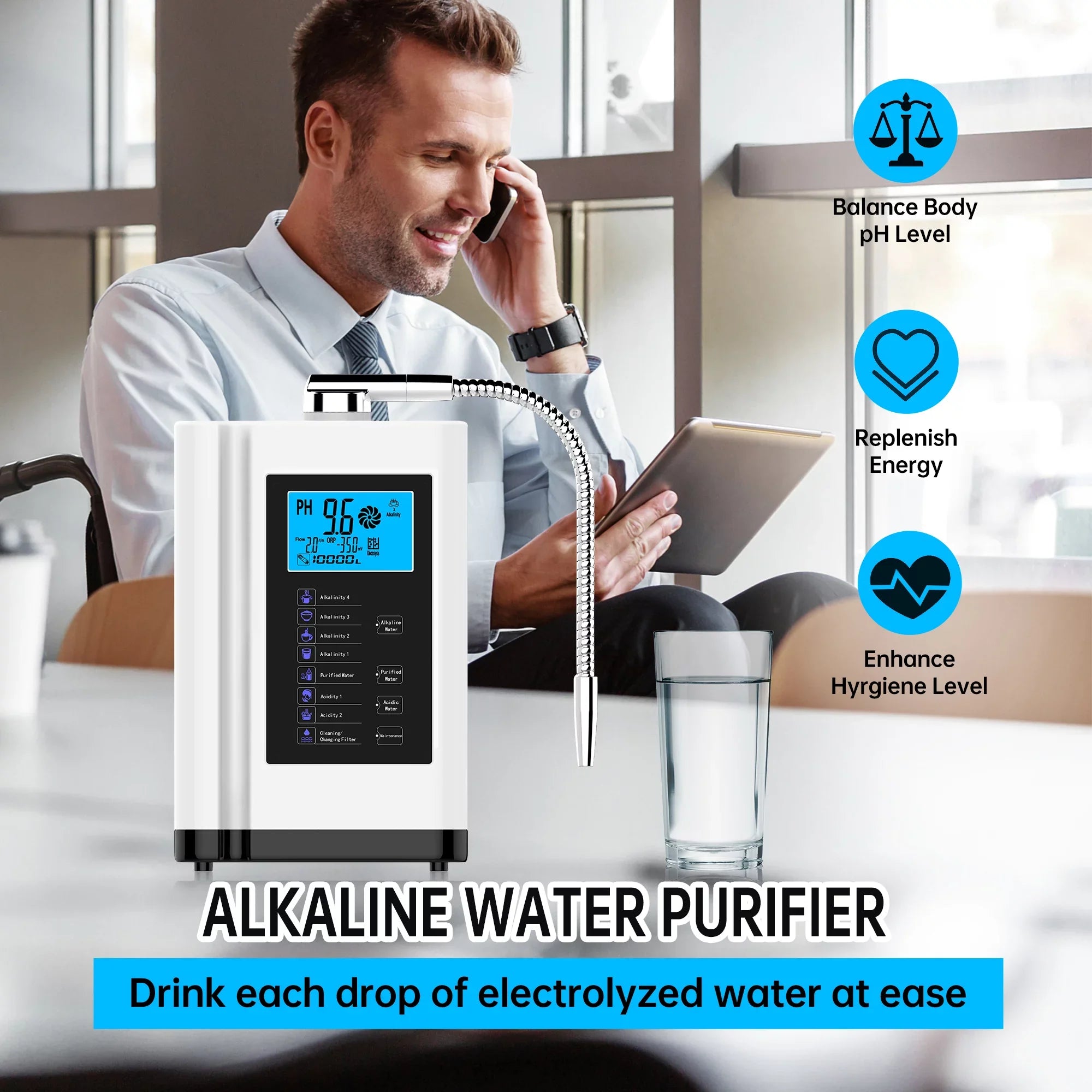 Alka Water Ionizer, Water Purifier Machine PH 3.5-10.5 Alkaline Acid Water Machine, up to -500mV ORP, 8000 Liters per filter,7 Water Settings, Auto-cleaning,Intelligent Voice White)