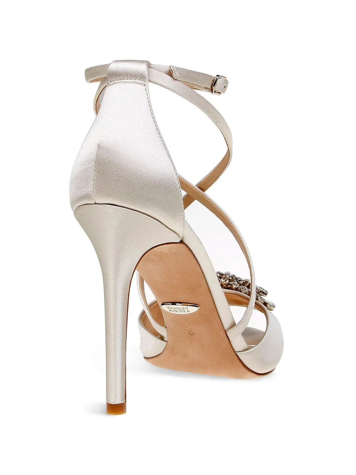 BADGLEY MISCHKA Womens Ivory Satin Beige Cushioned Footbed  Dustbag Embellished Ankle Strap Tatum Open Toe Stiletto Buckle Dress Heeled Gladiator Sandal 9