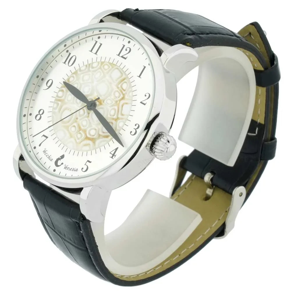 GlassOfVenice Murano Glass Men's Millefiori Watch With Leather Band - White and Black