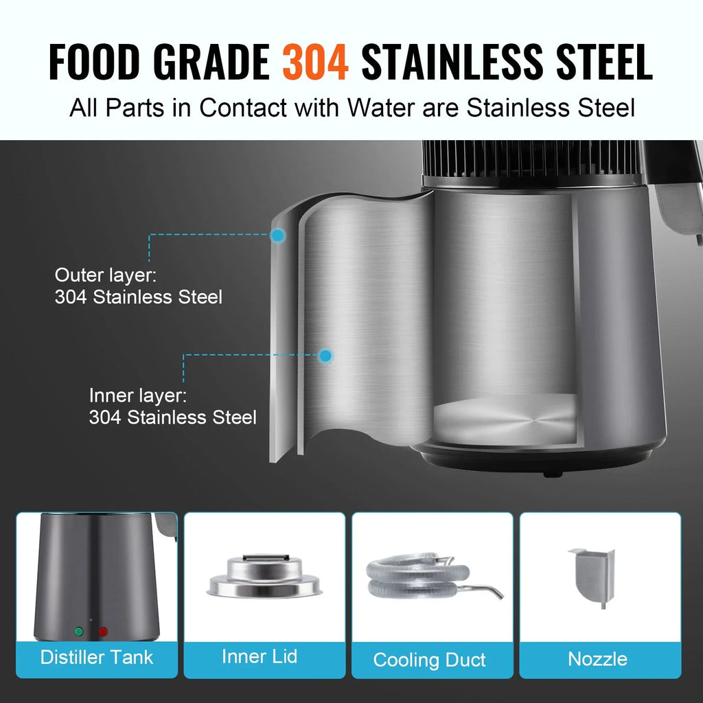 SKYSHALO 4L Water Distiller Purifier Machine Countertop Stainless Steel Interior