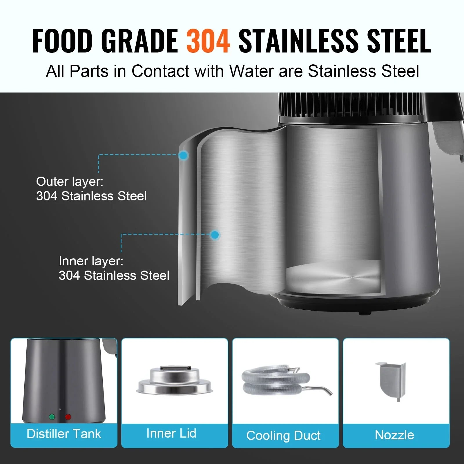SKYSHALO 4L Water Distiller Purifier Machine Countertop Stainless Steel Interior