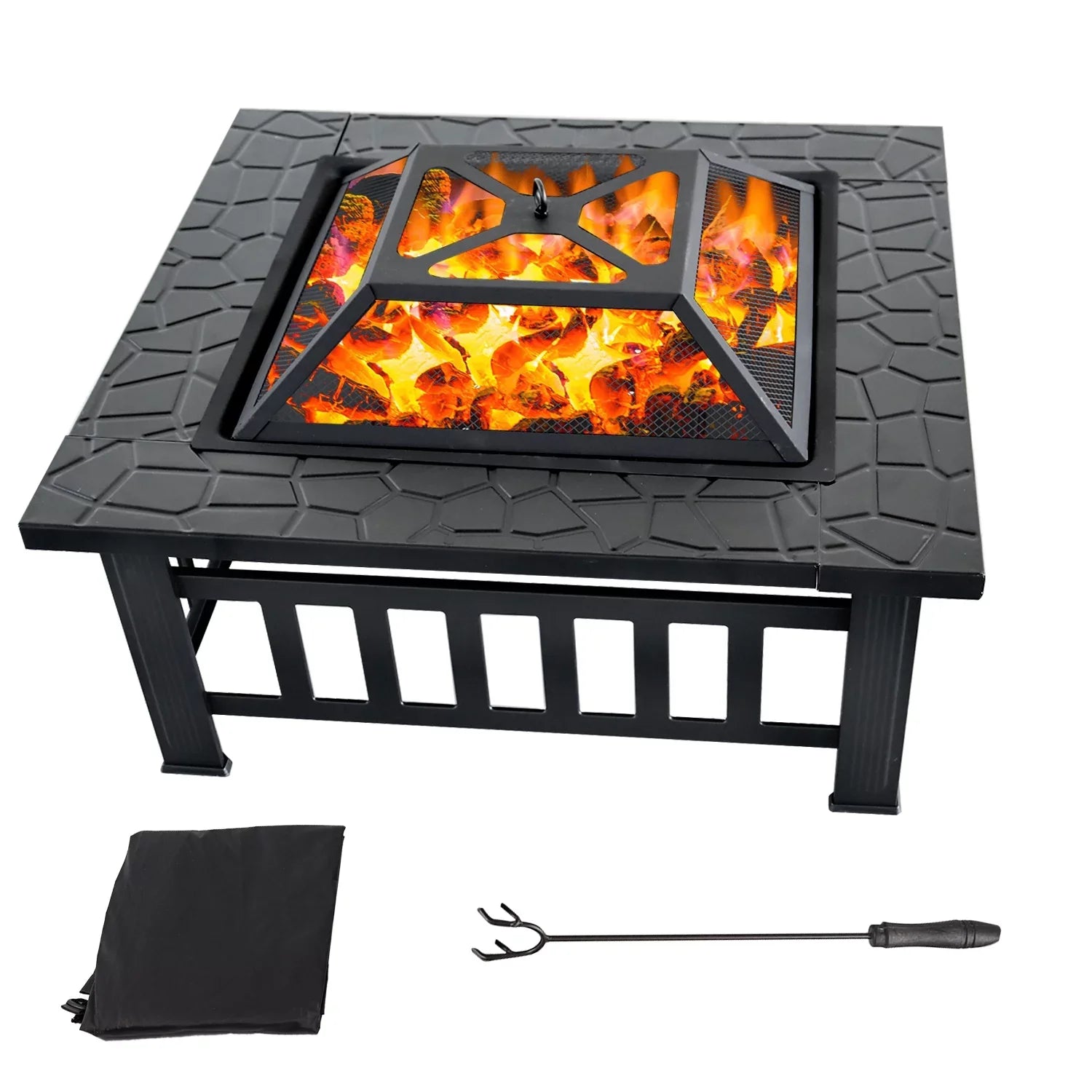 GSE Games & Sports Expert 32" Heavy Duty Square Patio Wood Fire Pit Table with Spark Screen Cover, Log Grate, Waterproof Cover and Fire Poker for Outdoor Backyard, Garden, Bonfire